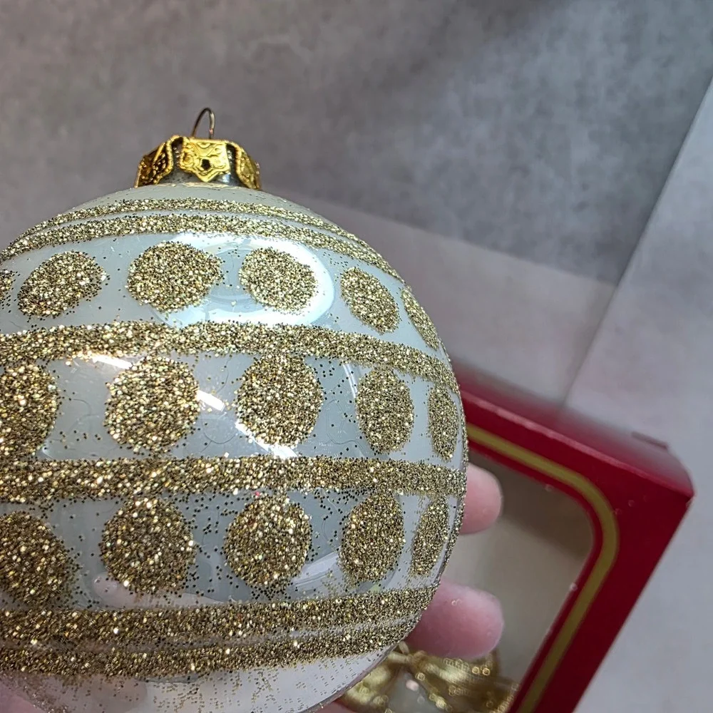 Vintage Rauch Glass Ornaments‎ Lot of 12 Gold White Glitter Bows, Victoria GUC
